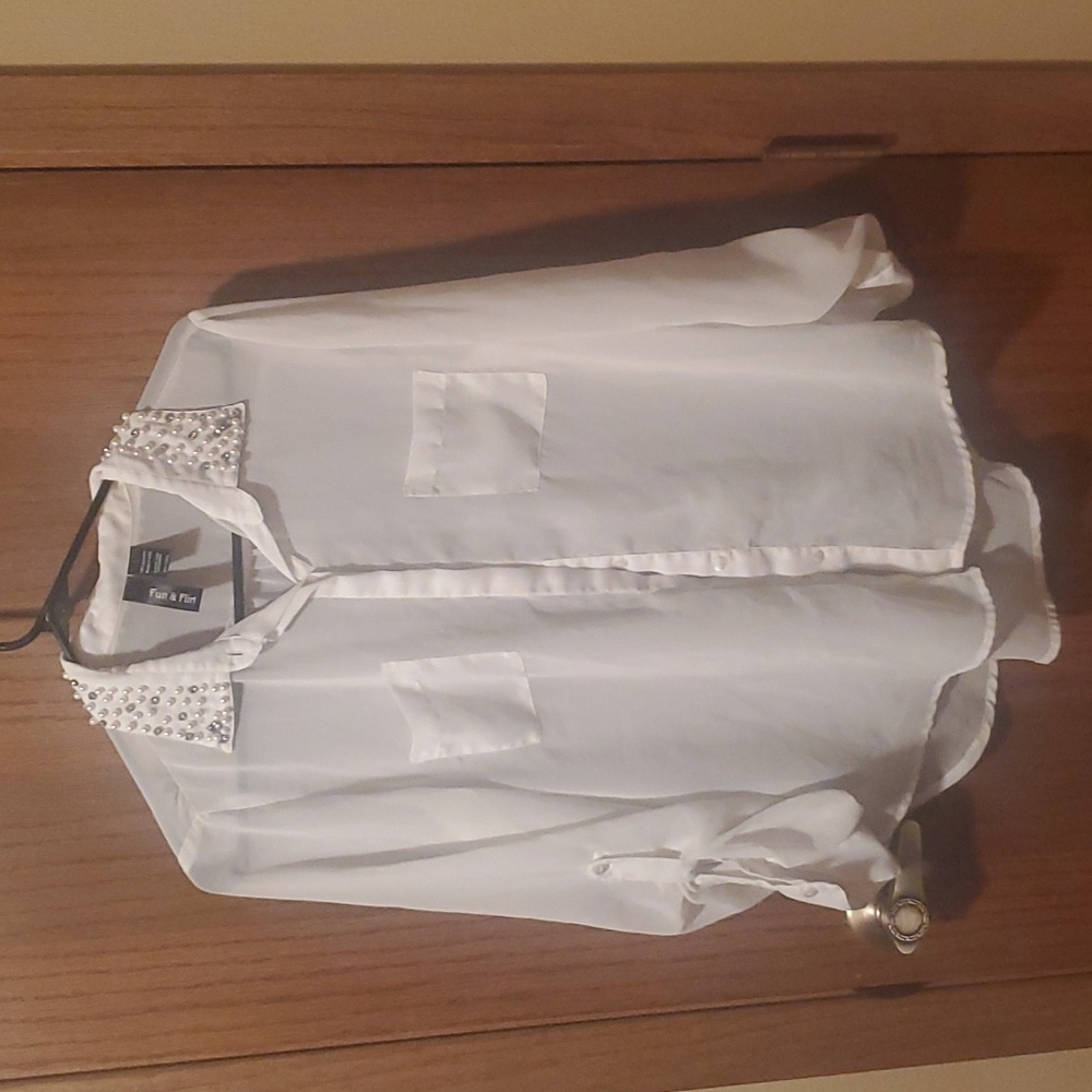 Size L See Through White Rhinestone/Pearl Button Down Blouse